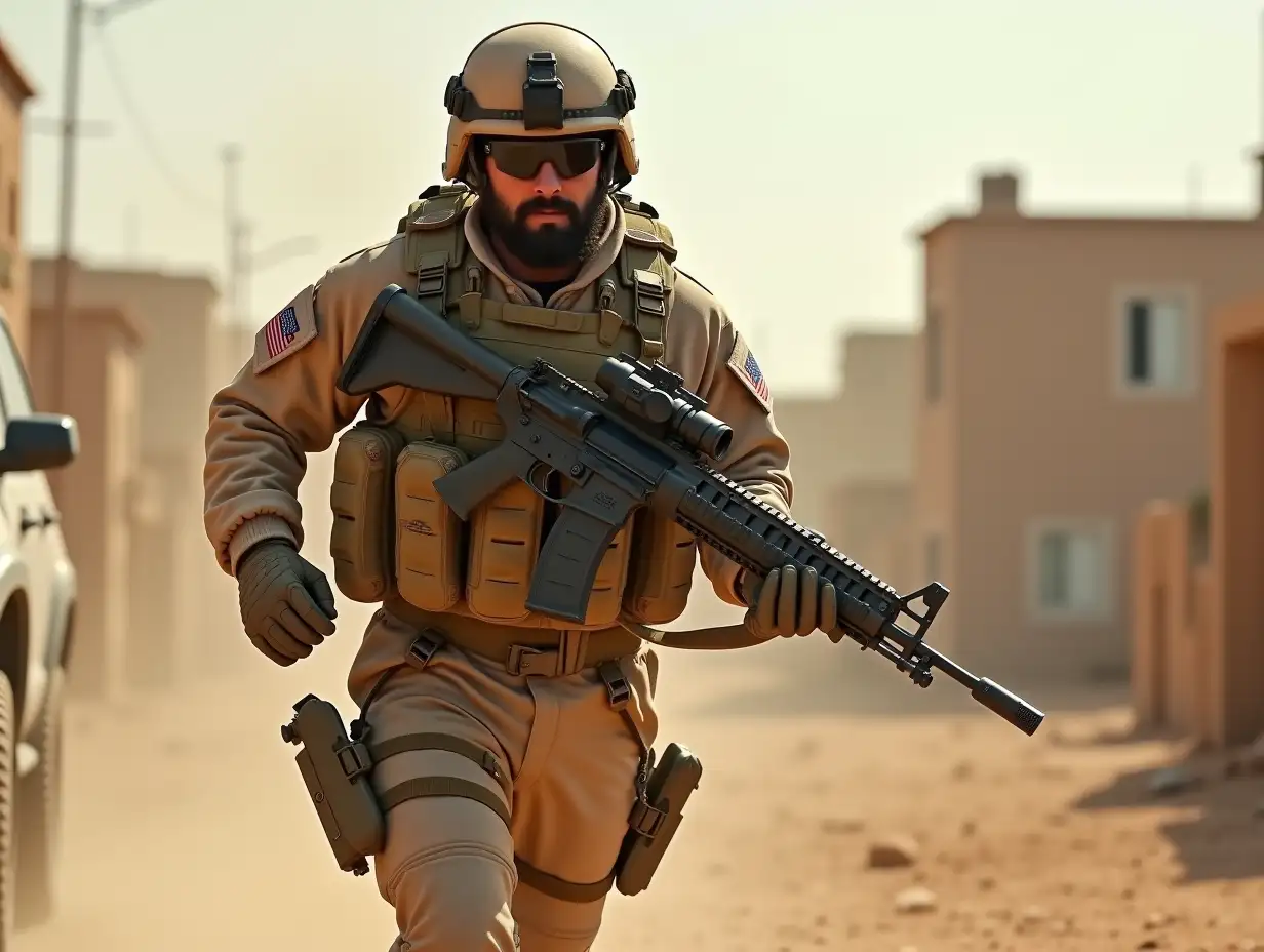 full body zoomed out side-view hyper realistic photograph, of an athletic male bearded SOCOM parachuter in full gear, battle helmet, combat webbing, cocked side arm, night vision goggles, rushing through a desert town, car wracks, wracked houses in backdrop