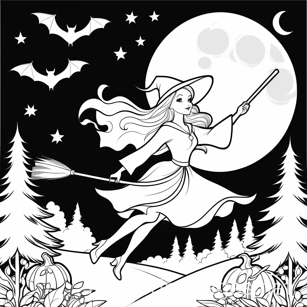 Witch-Flying-on-Broom-in-Moonlit-Forest-with-Bats