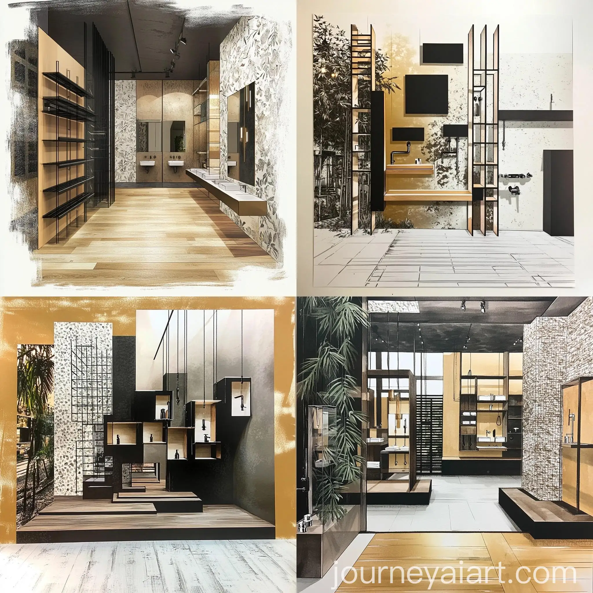 Moodboard-Sketch-Collage-of-a-Frontal-Plumbing-Showroom-with-Textured-Plant-Print-Wallpaper