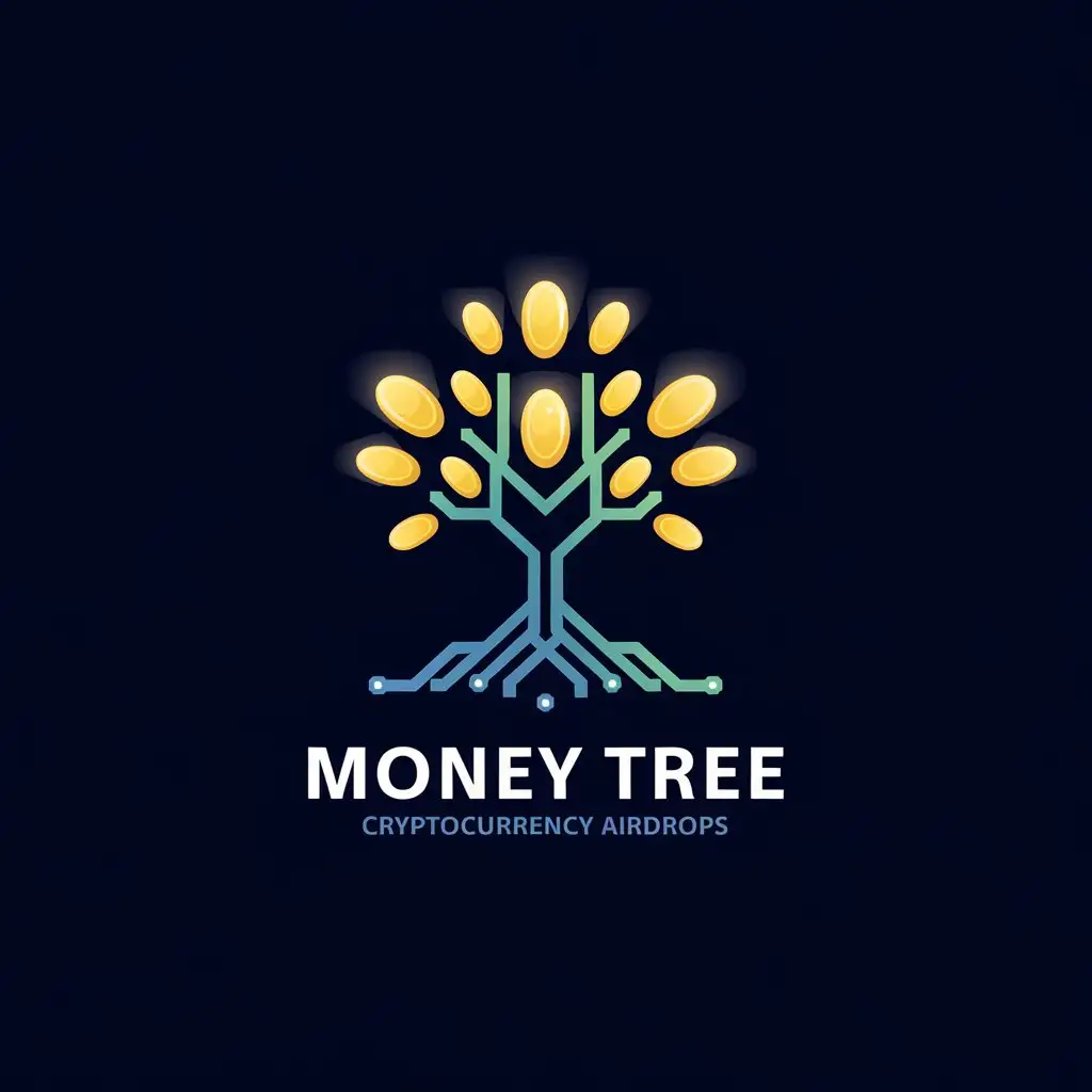 LOGO Design for Money Tree Golden Coins Upward Arrow Trunk and Blockchain Roots with Navy Blue Background