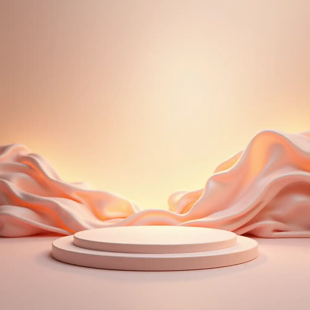 Hyperreal main image product photography scene, wavy fiber background, undulating silk fabric on the ground, round flat display stage in the middle, C4D, minimalist stage design, soft and dreamy depiction, solemn quietness, linear illustration, spacious sky, warm color tone, high-definition details