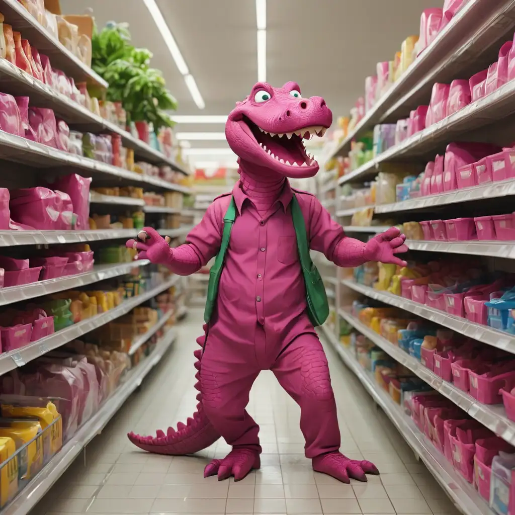 Happy Magenta Crocodile in Work Clothes Stocking Supermarket Shelves