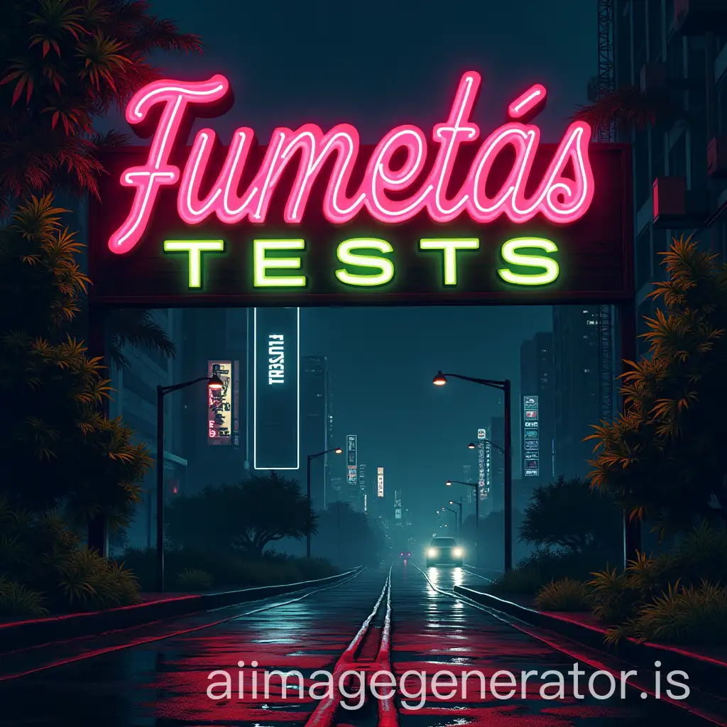 create an image of the city of saints in grand theft auto style with marijuana leaves and a large sign that says fumetas-tests rp in neon colors