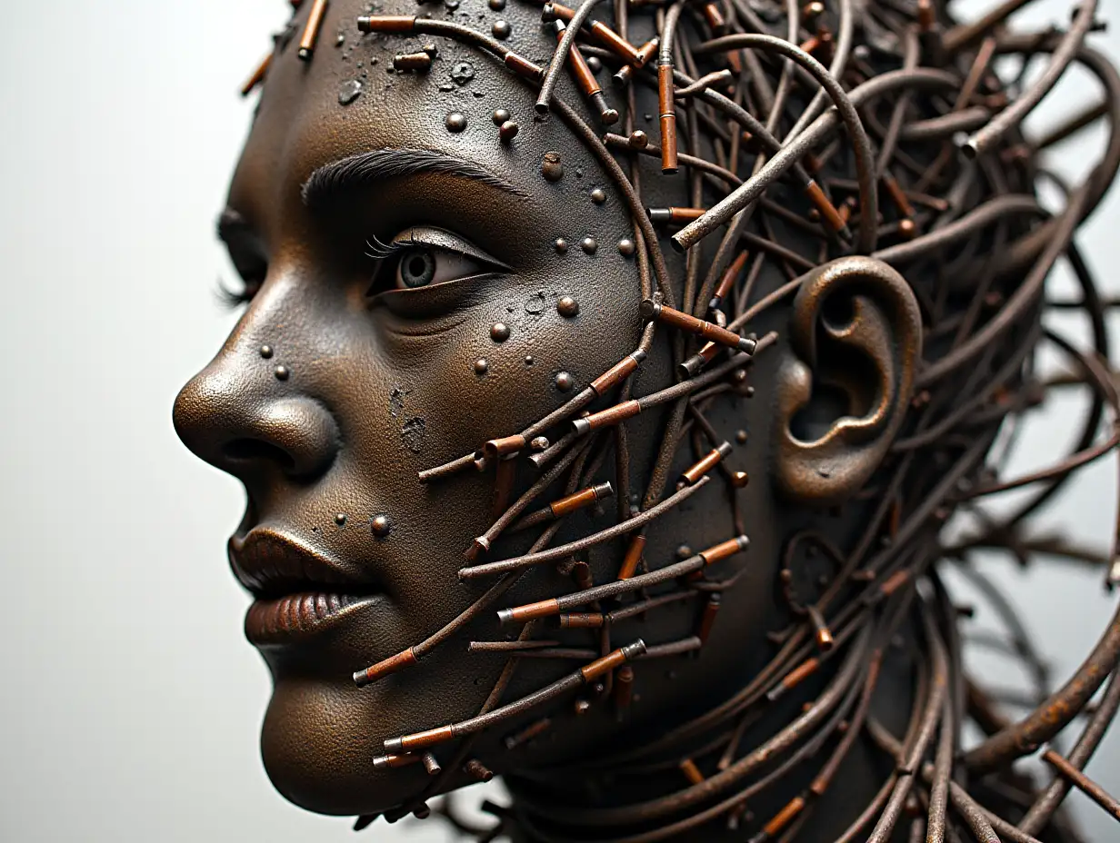 Face of Iron and Steel Bullets and Wire transformed into Buildings