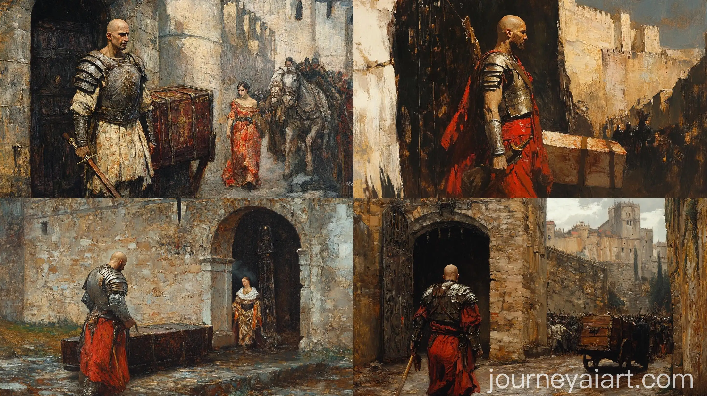 Roman-Armor-Bald-Hunter-and-Spaniard-Dragging-Coffin-at-Spanish-Fantasy-Castle-Gates