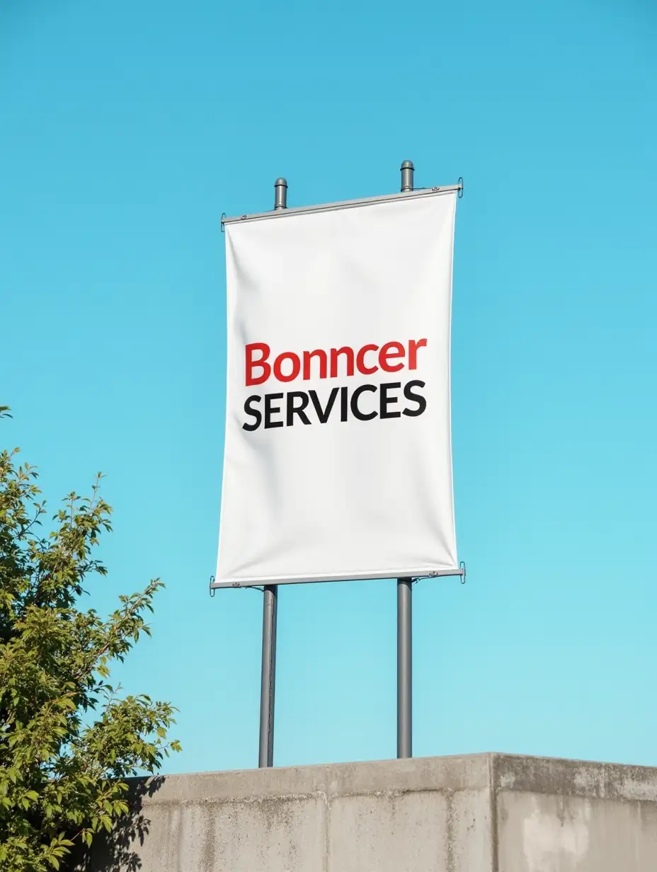 A mockup of an advertising banner that showcases a company's services. The banner is elevated in the air on sturdy legs, making it prominent and easy to see. In the background, there's a bit of greenery, like trees or bushes, adding a natural touch. The sky is clear and bright blue, creating a cheerful atmosphere. The banner itself features bold text and graphics that clearly communicate the services offered, ensuring it stands out in the scene