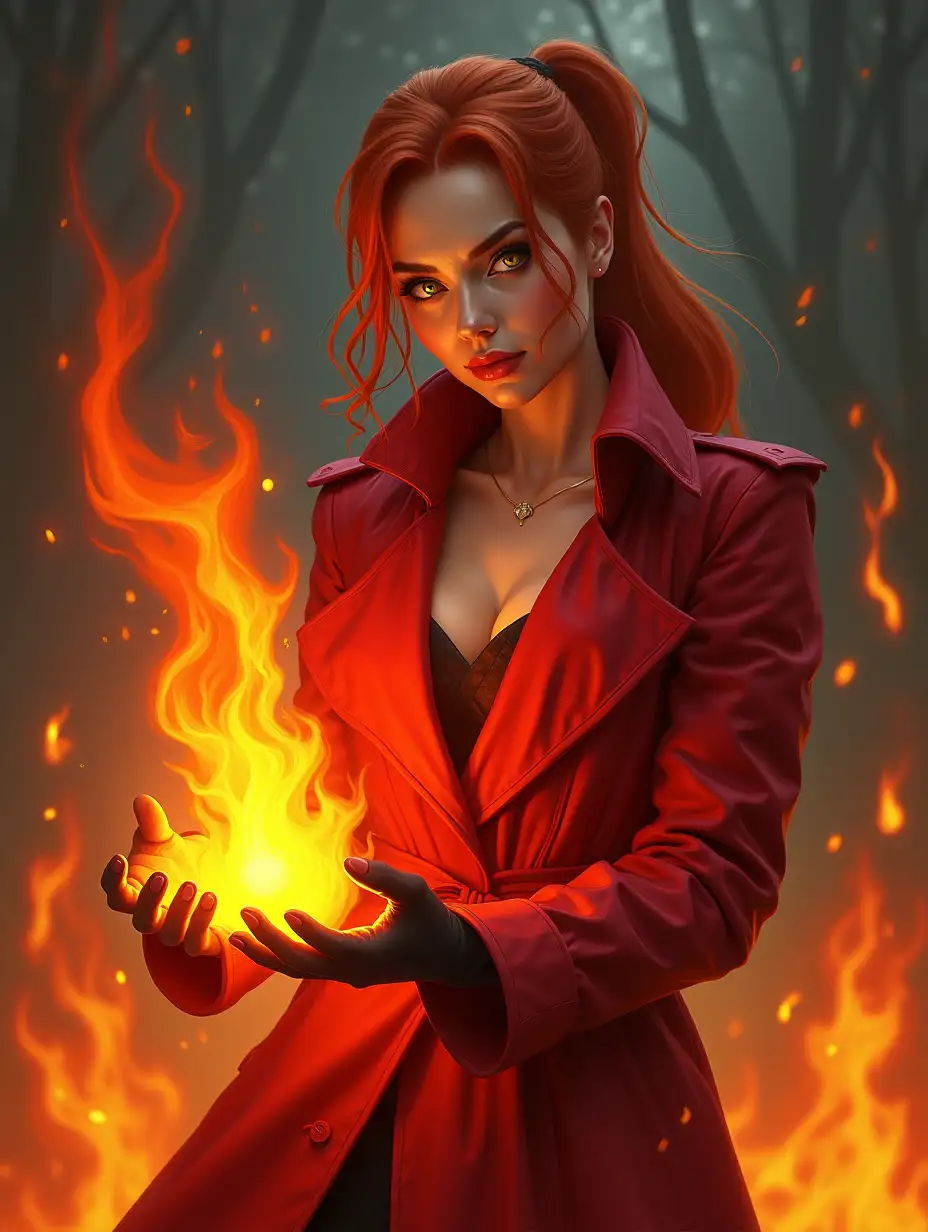 redhead sorceress, which casting a massive fire spell, fire around, glowing flame eyes, graphic nouvelle painting, 2d art style, flat colors, looking into the camera, cleavage, red trench, gloves, ponytail, volumetric pro light, pro art photo, illustration, high exposure, cinematic dark grey tones, masterpiece, best quality, realistic, outdoor