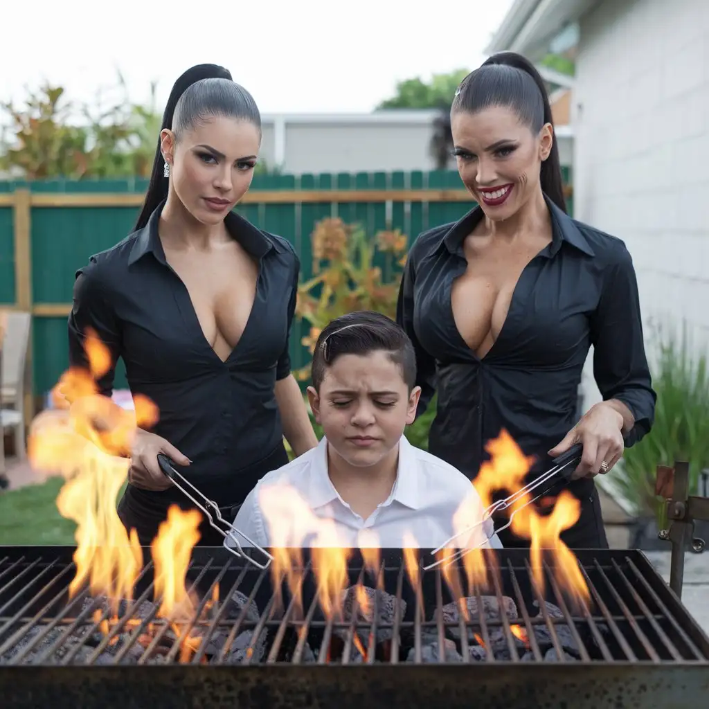 Evil-Latina-Females-Grilling-with-Intense-Flame-in-Summer-Backyard