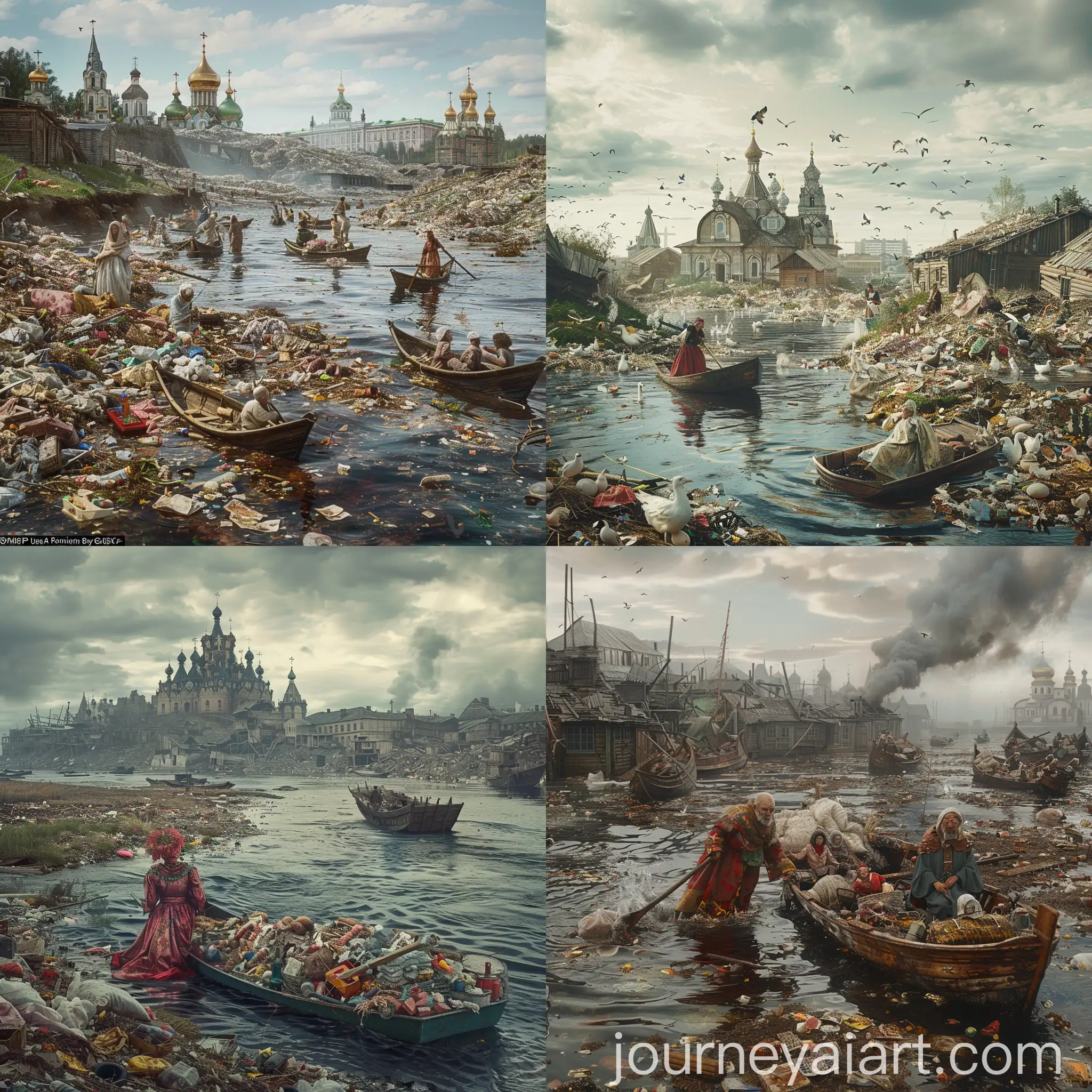 Russian-Village-Inhabitants-Sailing-on-Boats-Through-Rubbish-Sea