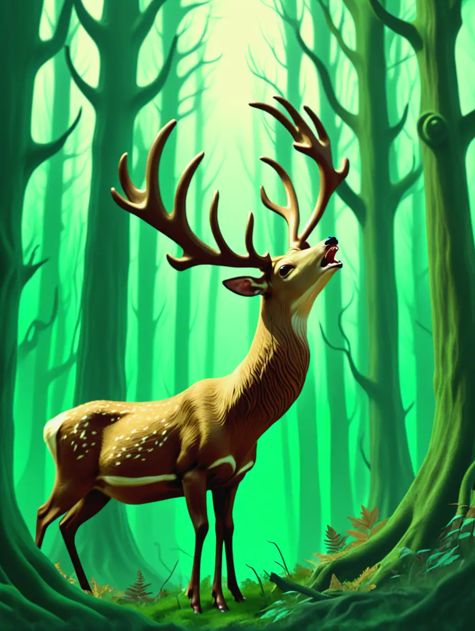 Fantasy Movie Still Brown Trumpeter Deer Calling in a Green Forest