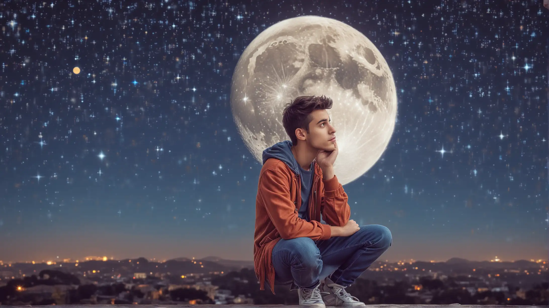 Thoughtful Young Man Under a Starry Sky