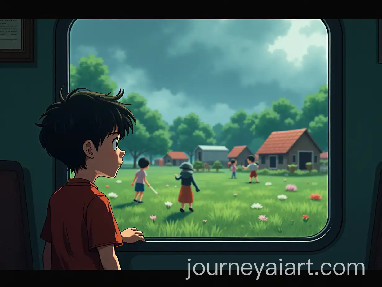 Boy-Gazing-Out-of-Train-Window-While-Children-Play-in-Stormy-Green-Farm-Landscape