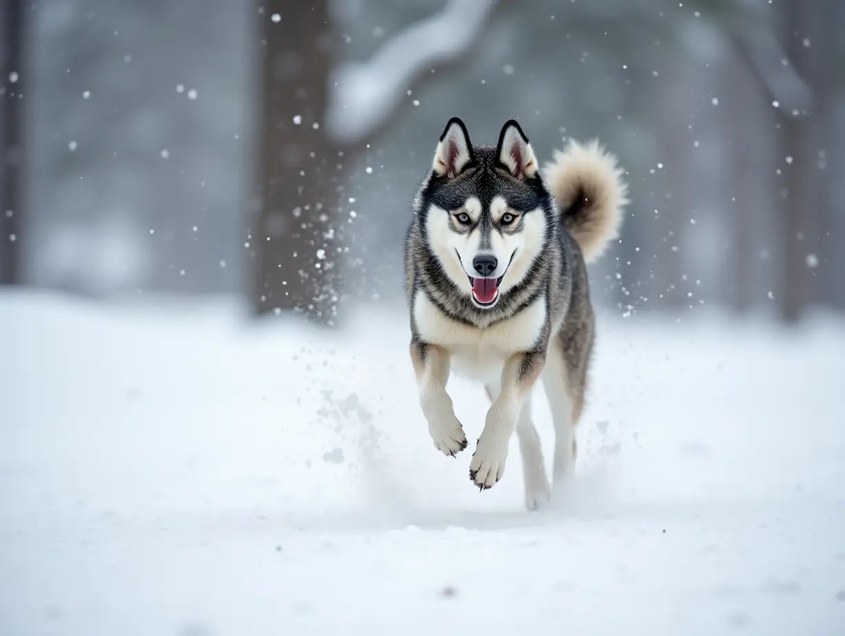 Huskey Dog is running when it is snowing