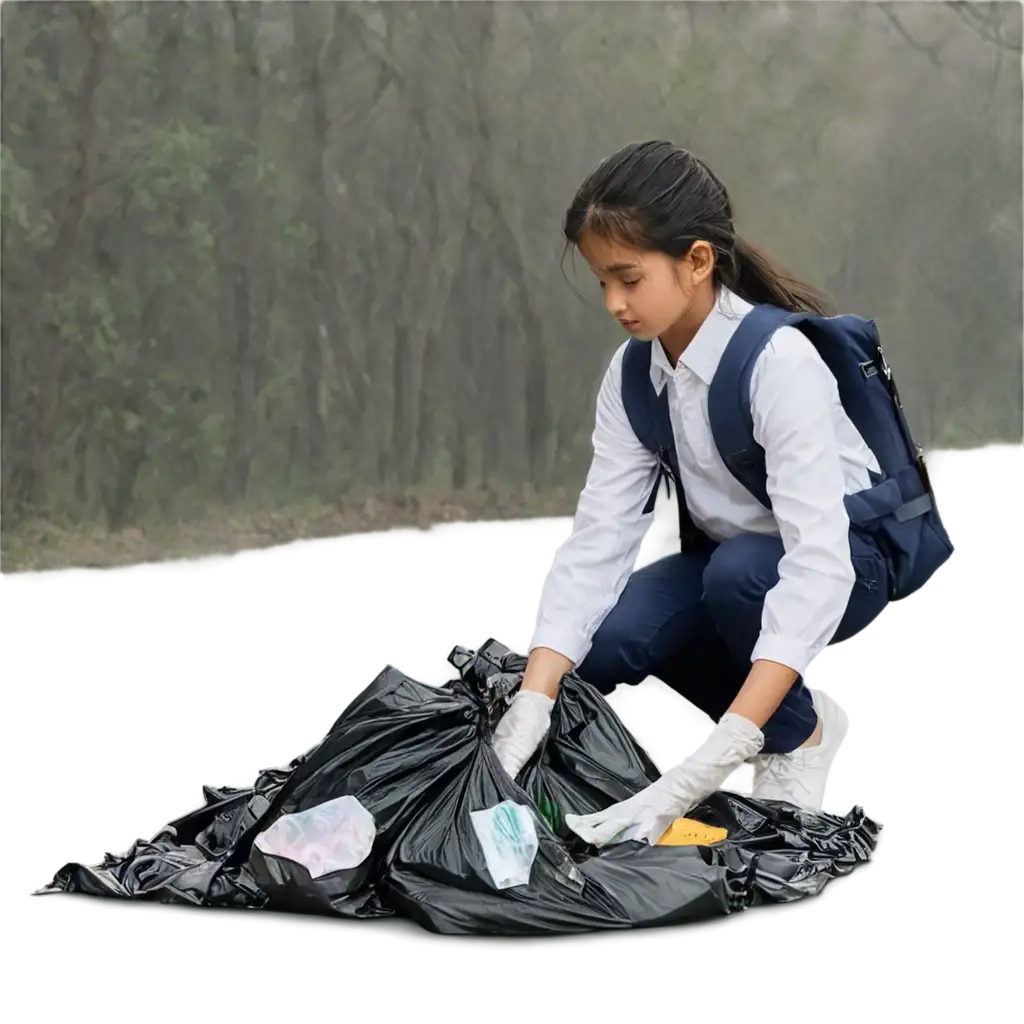 A primary school student is picking up trash in the park