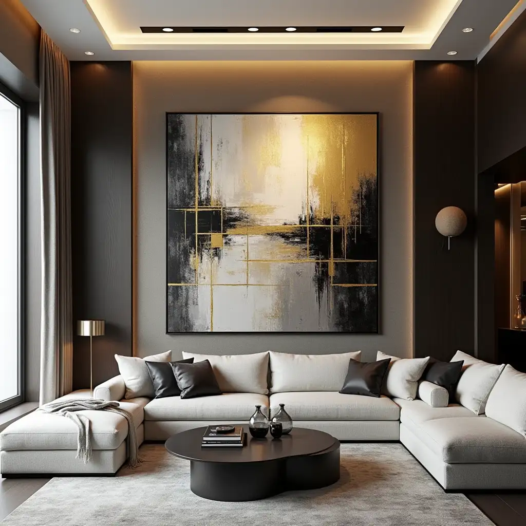  Amazing abstract painting with gold silver and black with rectangular shapes and gold lines in luxurious living room