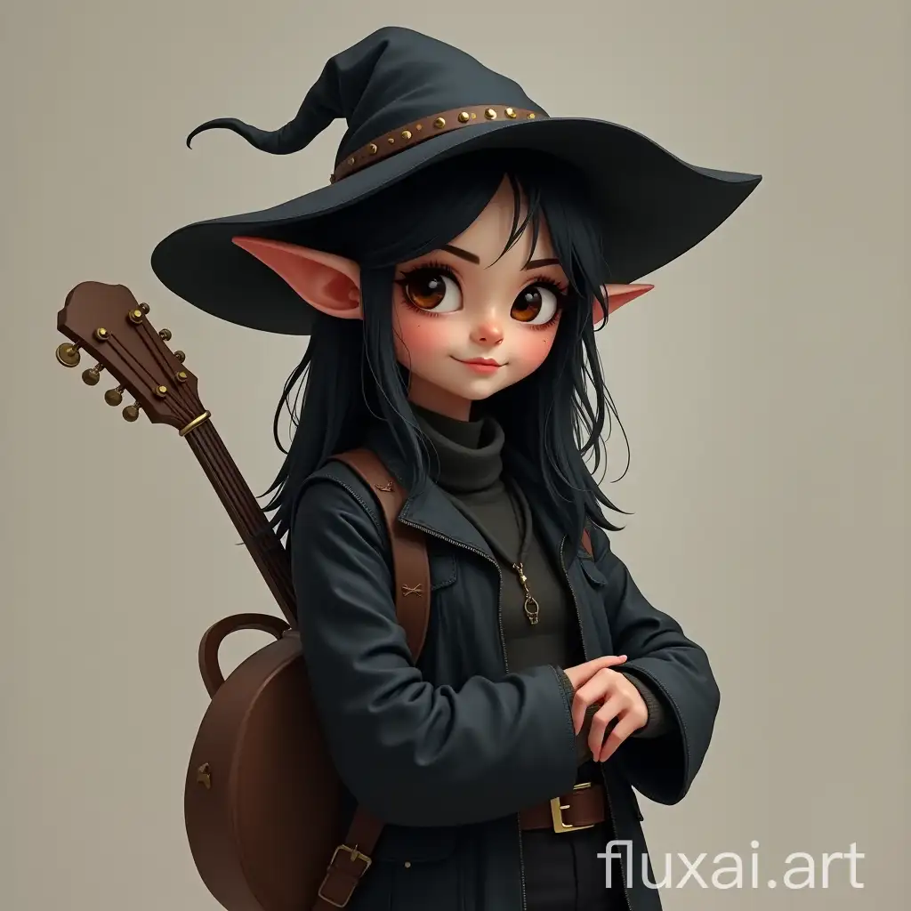 Cute dwarf elf girl with black hair under a hat dressed all in black clothes and with a guitar on her back