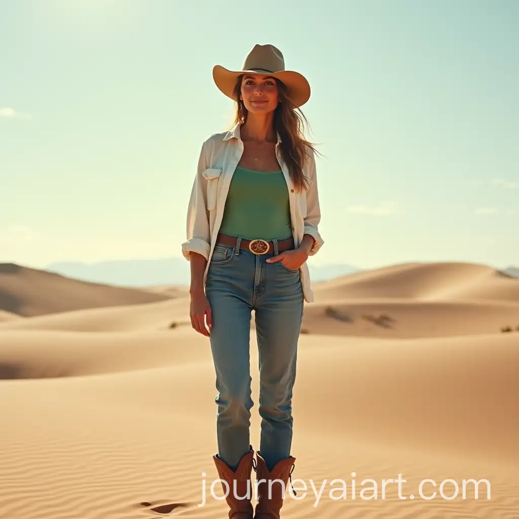 Woman-in-Cowboy-Hat-and-Boots-Standing-in-Desert-with-Dunes