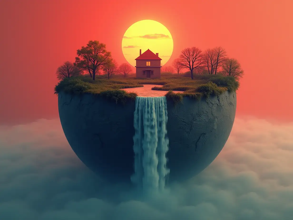 Create a globe with a building, forest and waterfall coming out of its upper half and red sky with fog and sun