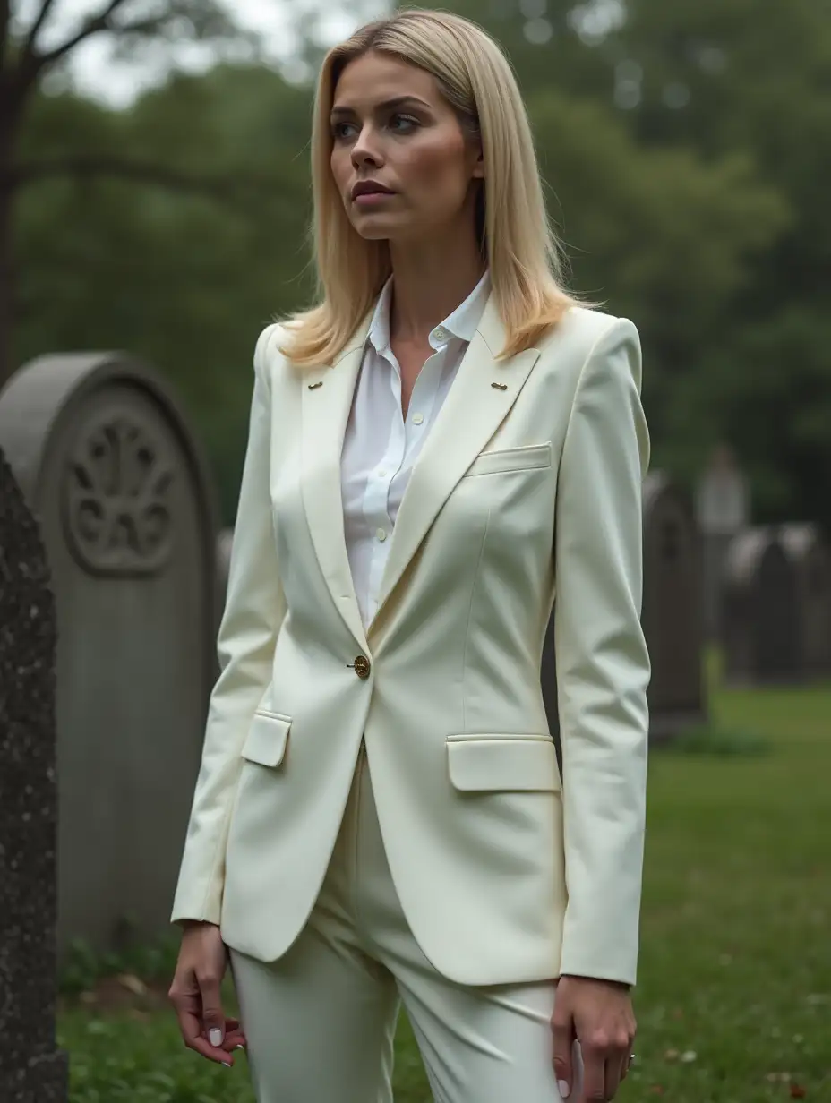 Half Body Photo (up close) of Teagan Croft in a graveyard at daytime wearing the iconic accurate unblemished, sharp tailored all pure white suit, underneath a fitted white shirt, subtle pocket square, cufflinks, and polished dress shoes (Inspired by Supernatural Samifer's suit between Season 5 and Season 15 in a female style, in her accurate 20 year old body type, accurate height, weight, bust/chest size and accurate shoulder-length sleeked back dark golden blonde Luciferian-like hairstyle) (4K Resolution Photo)