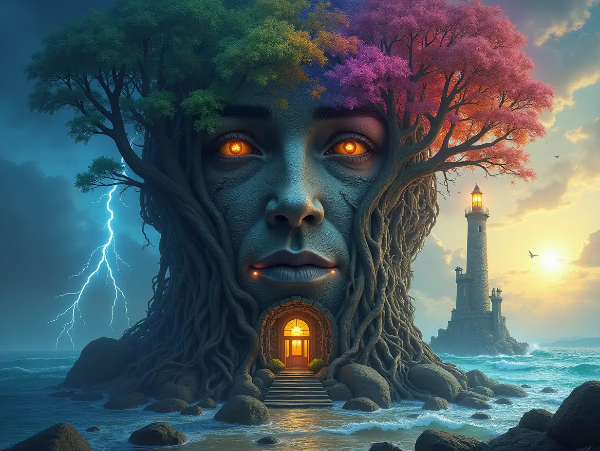 During the creation of a digital painting, a face with rainbow root hair transforms into a building with stones and lighting. Trees with roots and rocks and lantern by the sea, with large clock tower. A tall tower reaches the sky with laterns and a huge octopus, and the sun shines through the clouds, from sea is a stairway to heaven With very large waves and strange lightning