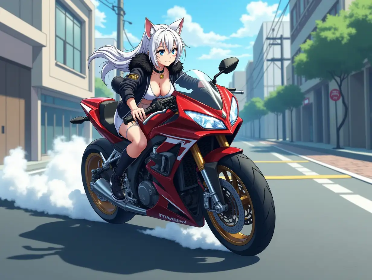 Anime mature adult woman with an hourglass body who looks like she is in her 30's with big breast, blue eyes, black and gold earrings, a choker around her neck, long white hair and white cat ears on her head. She is wearing designer clothes with low cut shoes that have her feet showing and a Quarter Sleeves Short Jacket with a fur collar. She is on her motorcycle drifting down the tokyo street leaving dark bike marks across the road as she does the Akira slide. She turns the bike to the right forcing the bike to start sliding sideways as she uses her feet to slow down.