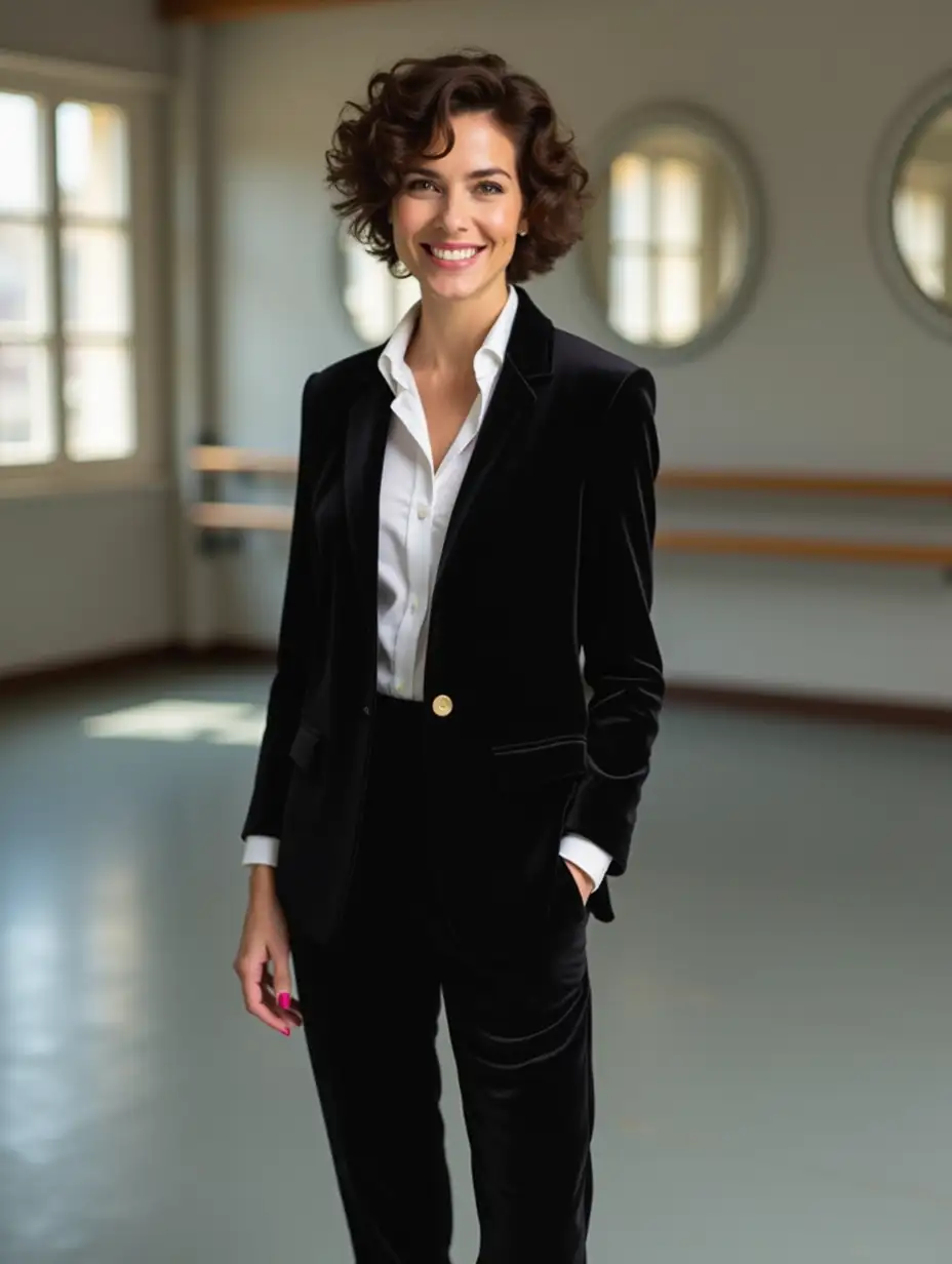 A full length photo of a beautiful 40 year old russian woman with short, curly, dark brown hair. She is standing in a ballet studio. She is wearing a stylish black velvet suit with a crisp white shirt. She is happy and looking at the viewer. She has perfectly manicured magenta painted nails.