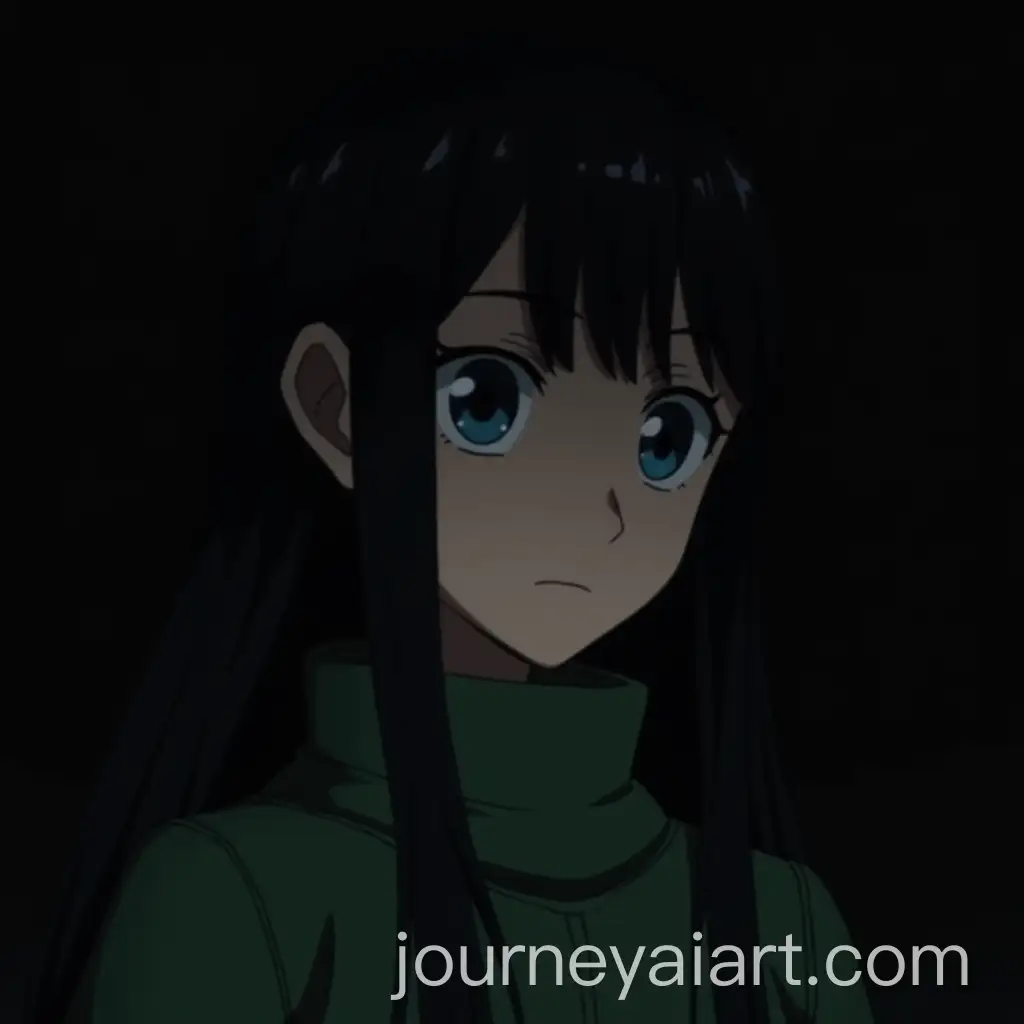 Female-Character-in-Green-Cloak-with-Long-Black-Hair-and-Blue-Eyes-in-Dark-Scene-from-Attack-on-Titan-Season-3