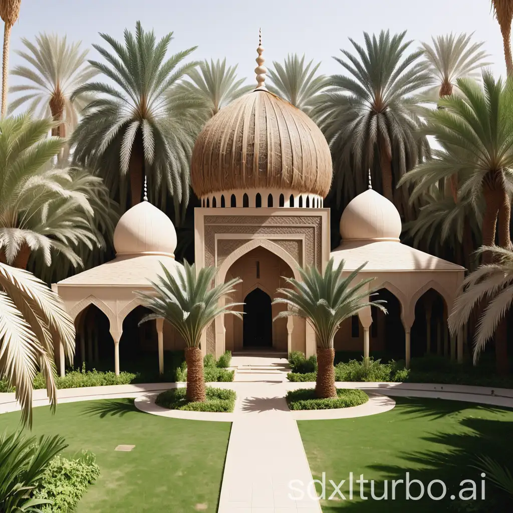 A mosque made of palm branches in the center of the Garden.