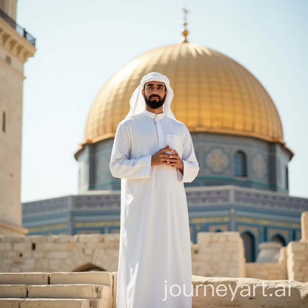 Imam-in-White-Abaya-Suit-Standing-and-Sitting-with-Dome-of-Rock-in-Palestine