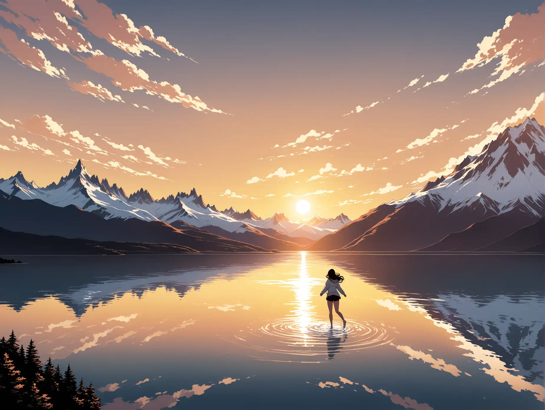 Create a simple illustration of the Patagonia landscape. Show a snowy mountain peak and glowing, curly clouds during the golden hour. In the foreground, a graceful brunette woman hovers above a clear lake, with her right foot touching the water. Use a black and white anime style, ensuring the image is clear and free of blurriness or mistakes.