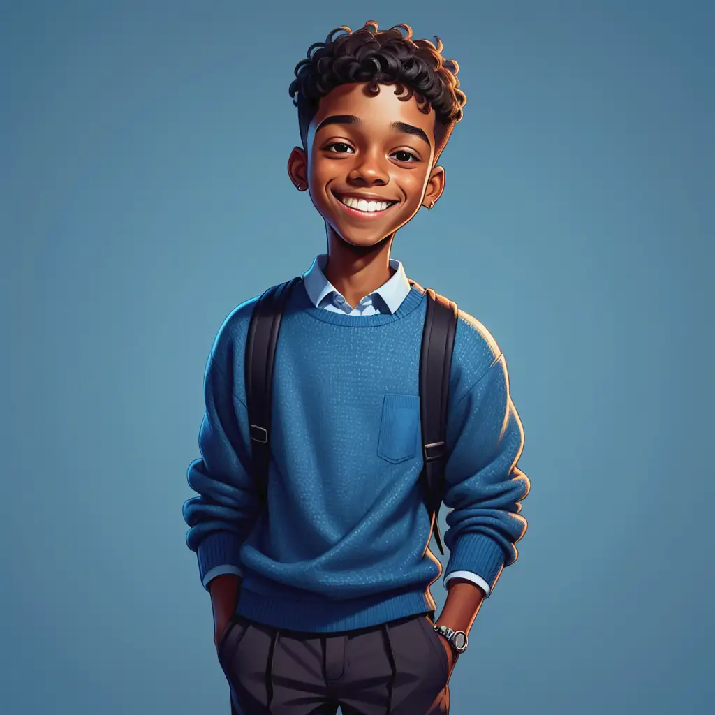 Smiling Black Teenager Cartoon with Blue Sweater and Braces