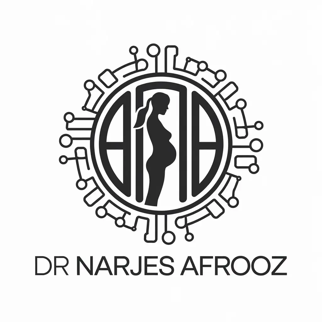 LOGO Design for Dr Narjes Afrooz Circular Seal with Pregnant Woman Symbol and DNA Theme for Technology Industry