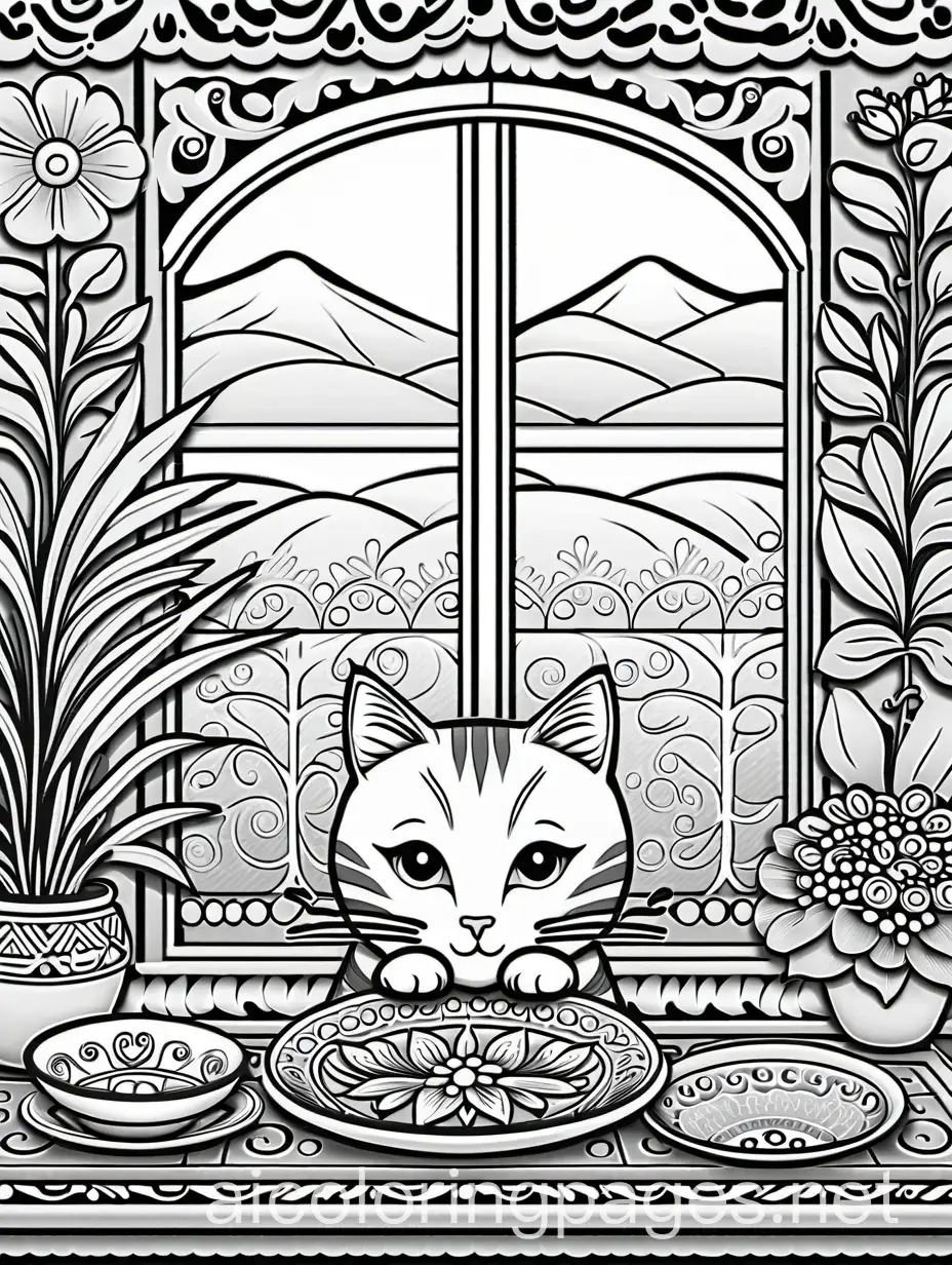 Coloring-Page-Mexican-Style-Kitchen-with-Cat-Painting