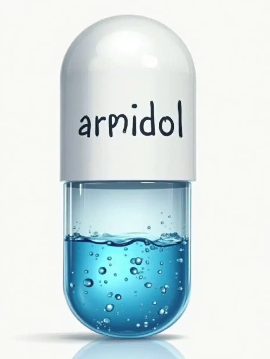 Create an image where a pill will be drawn, with liquid inside it and 'арбидол' written on it.