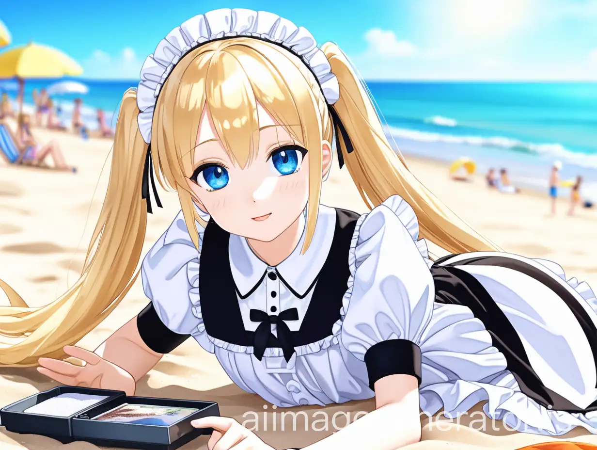 Anime girl with blonde hair and blue eyes in maid costume lying on the beach doing ASMR, with a background on the beach on a sunny day