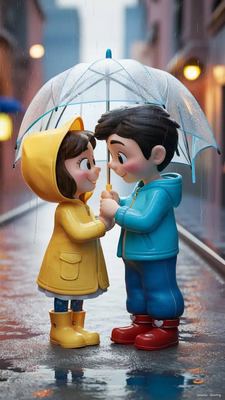 Charming cartoon illustration, a couple, a girl with a bright yellow raincoat and a boy with a blue umbrella, sharing a loving gaze under a single, large, transparent umbrella in a city street during a gentle rain shower.  Raindrops are visible on the umbrella and street.  Puddles reflect city lights.  Warm, inviting colors, cartoon style, inspired by Disney animation, soft focus, 8k resolution.