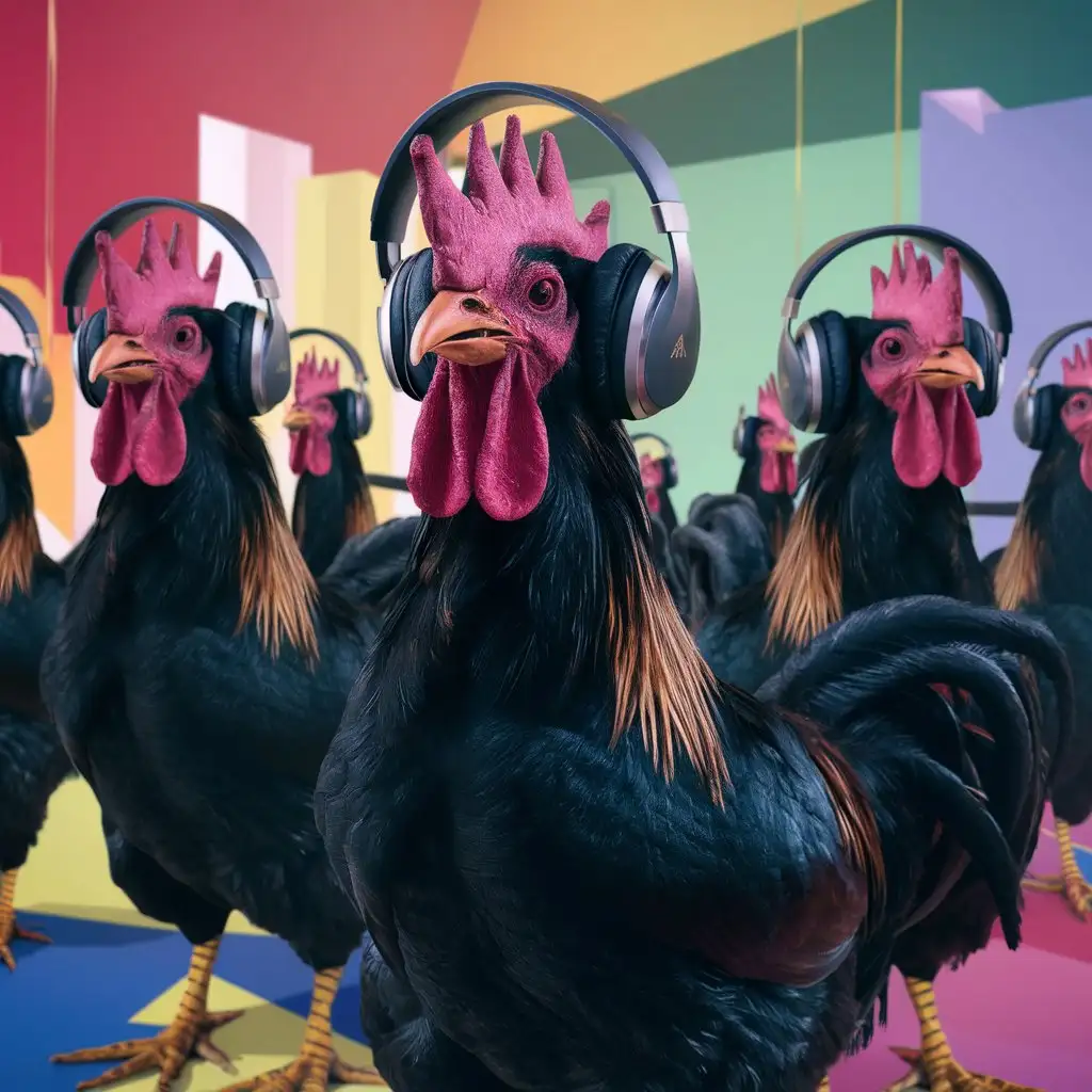 Black-Roosters-Wearing-Large-Headphones-Playing-Music