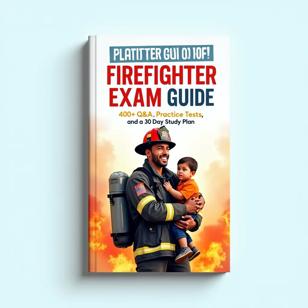 A professional book cover for a firefighter exam preparation guide with a bright, clean background. The design features a heroic firefighter in a U.S. uniform holding a rescued child, both looking relieved and determined. Surround them with subtle, stylized flames in warm tones of orange and yellow. The background transitions from white at the top to light blue at the bottom, creating a clean, modern atmosphere. Add a bold title at the top reading 'Firefighter Exam Prep Guide' in red and blue gradient text. Include subtext below: '400+ Q&A, Practice Tests, and a 30-Day Study Plan' in smaller yellow font. The overall design should look modern, inspirational, and optimized for smartphone visibility with high contrast and minimal clutter. HD rendering with polished lighting and details.