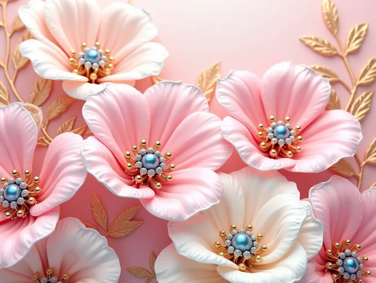 Create an image of a vibrant, detailed floral arrangement with a focus on large, glossy flowers in shades of pink, white, and gold. The flowers should have a three-dimensional, almost porcelain-like appearance with smooth, shiny petals. Each flower should have a central pearl-like bead, with some beads being blue and others being a soft gold. The background should be a soft, gradient pink, enhancing the elegance of the flowers. Include delicate, gold-accented leaves interspersed among the flowers. The overall style should be luxurious and intricate, with a high level of detail and a sense of depth. BLACK AND GLITTER