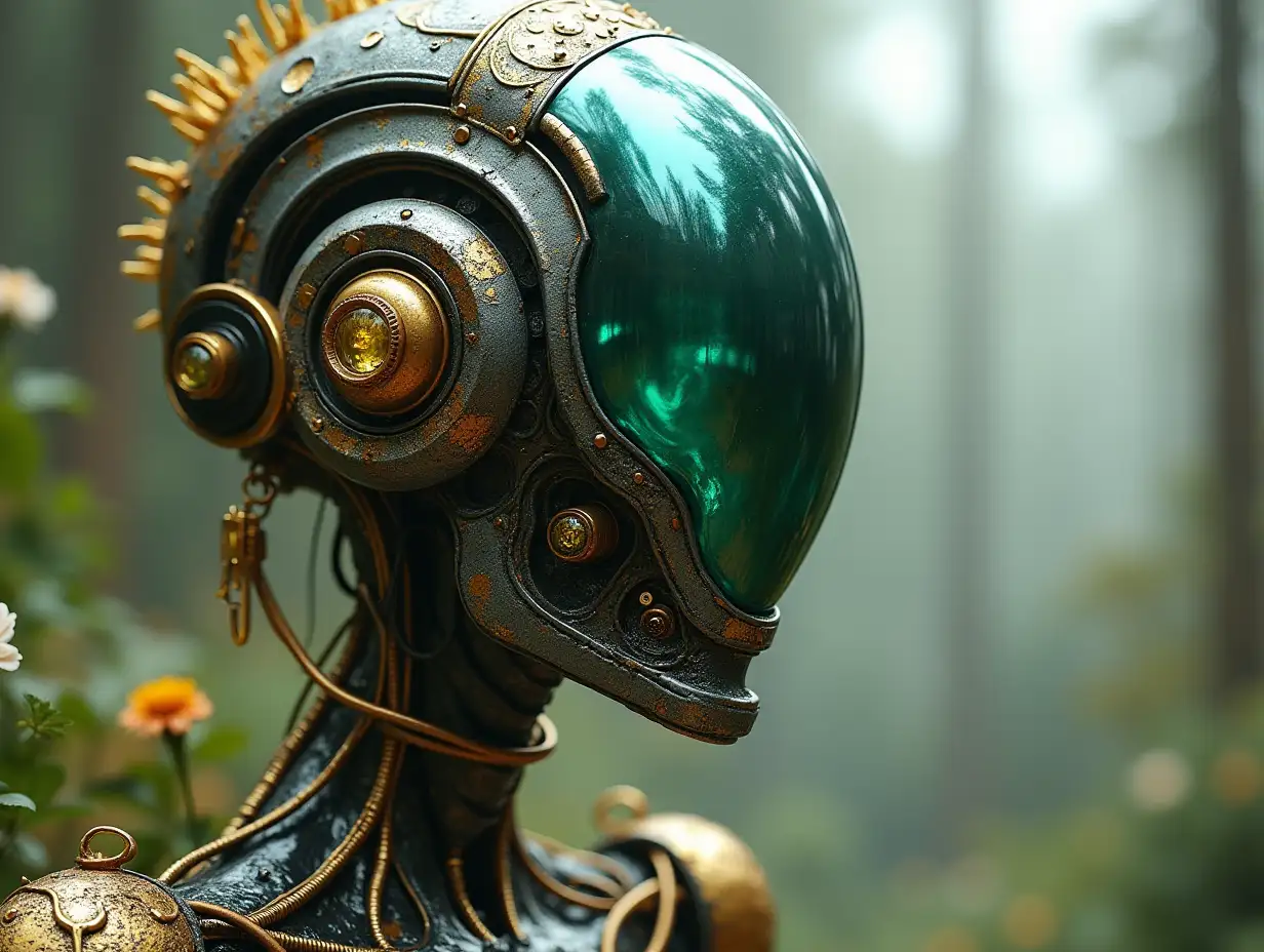  Erstellen Sie ein hochauflösendes, realistisches Bild von der künstlichen Intelligenz  50 meter Monsterroboter mit Glas Kopf, Schrauben aus Gold  mit vielen Metall Pflanzen,auf der Veus  mit Aliens 4k Auflösung mit   