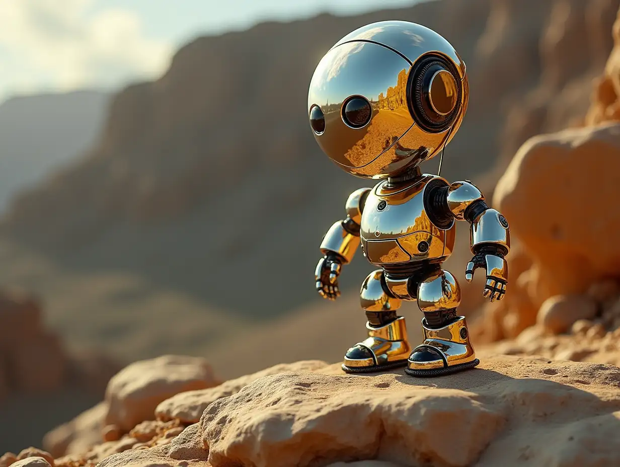 AI  Robot chrome on A GOLDEN Rock