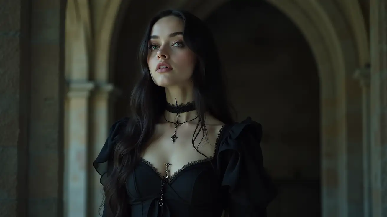 a beautiful goth girl with piercings in black dress in a castle