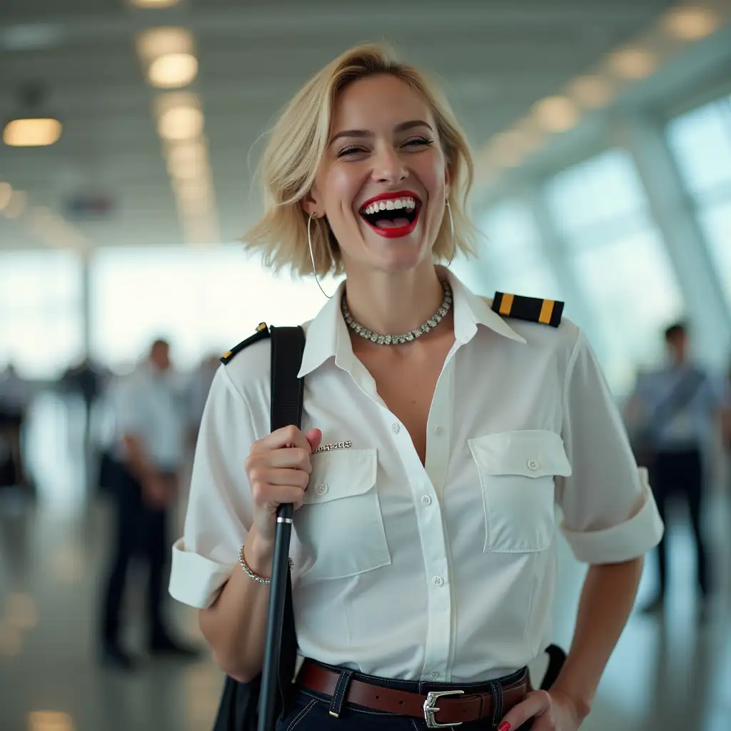 norvegian screaming pilot lady , in white deep-necked airport security shirt, laughing with her mouth open, red lipstick accentuating her smile,belt on waist, big wide hips, chest are fully grown, jewerly, short hair, HD, holds long riding crop, photo-realism, enjoing on airport