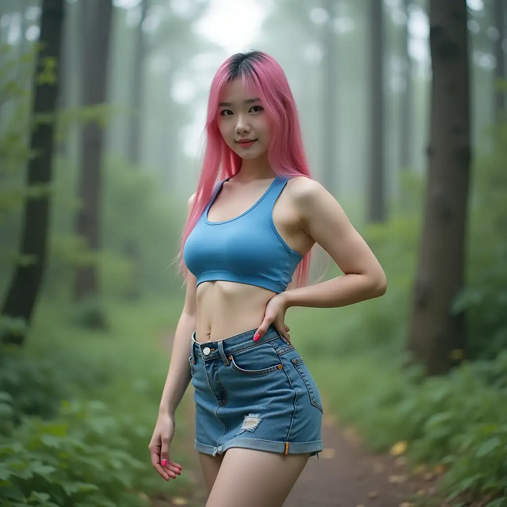 Authentic-Korean-Girl-with-Pink-Hair-in-Forest-at-Morning