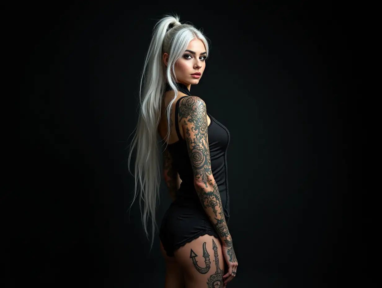 depiction of a beautiful white woman with death tattoos and long mixed white with black hair in a futuristic style and black background showing full body