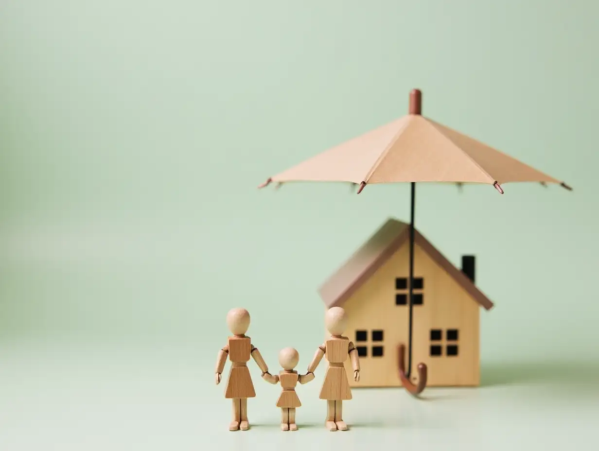 Protect property, family, home investment and financial savings concept. Umbrella protecting wooden figurines family and miniature house