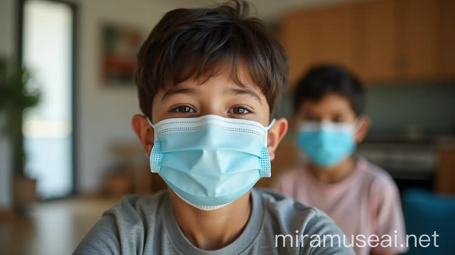 Young Indian Man and Child Wearing Face Masks with COVID19 Background