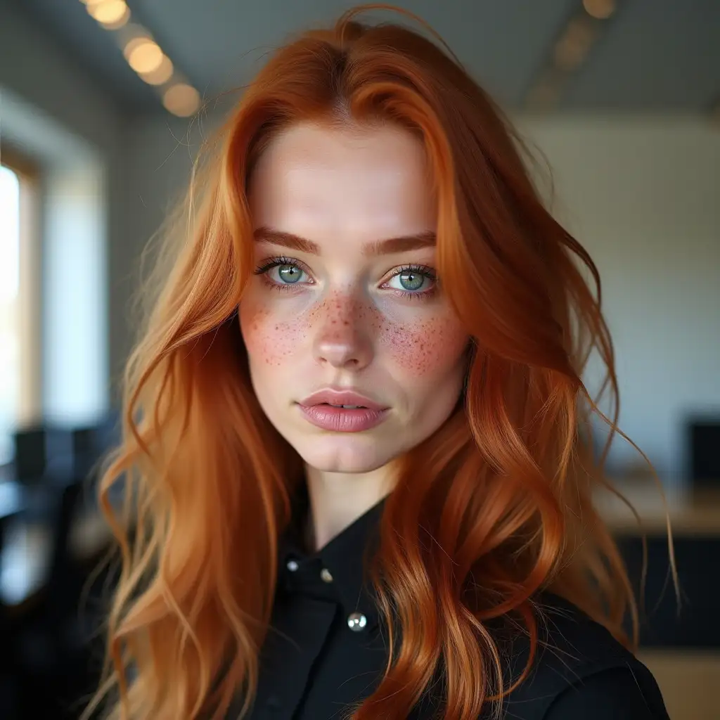 Russian girl, 20 years old, model appearance takes a selfie against the background of the office, freckles, redhead