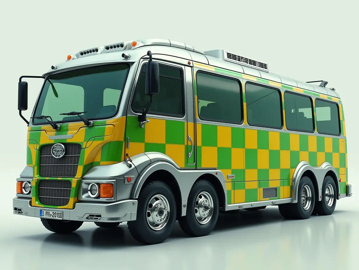 Super modern silver and yellow green checkered bus with 8 aluminum wheels Cyberpunk