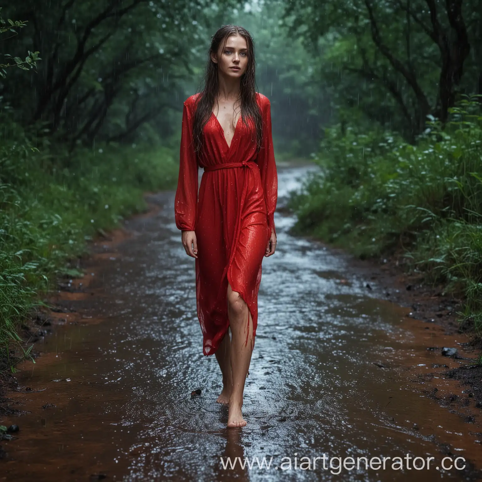 Woman-in-Red-Dress-Walking-Alone-in-Rainy-Forest-Path